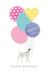 Balloon Holder, a happy birthday card for kids with a dalmatian holding colourful balloons